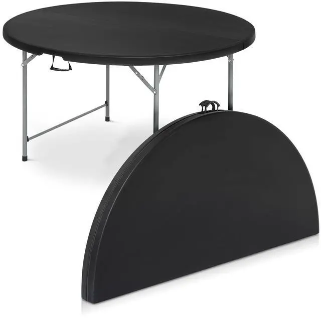 Main image of Round Plastic Bi-Folding Table with Carrying Handle, Indoor Outdoor Portable Table for Patio Party Wedding Event Conference, Black, 48 Inch