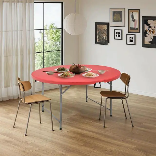 Alt view image 2 of 7 - Round Plastic Bi-Folding Table with Carrying Handle, Indoor Outdoor Portable Table for Patio Party Wedding Event Conference, Red, 60 Inch