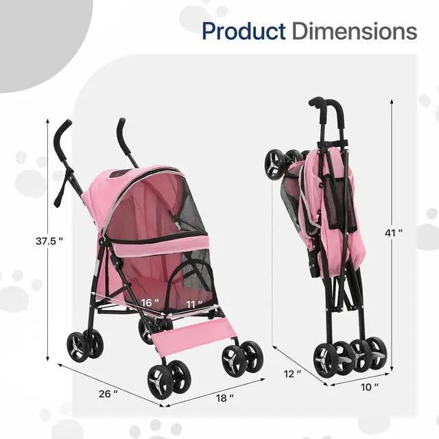 Alt view image 2 of 7 - 4 Wheels Pet Stroller, Lightweight Easy-Fold Puppy Jogger Stroller with Visible Mesh & Rear Storage for Small/Medium Dogs up to 22 lbs, Perfect for Walks, Shopping, Pink
