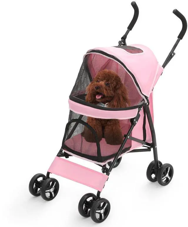 Main image of 4 Wheels Pet Stroller, Lightweight Easy-Fold Puppy Jogger Stroller with Visible Mesh & Rear Storage for Small/Medium Dogs up to 22 lbs, Perfect for Walks, Shopping, Pink