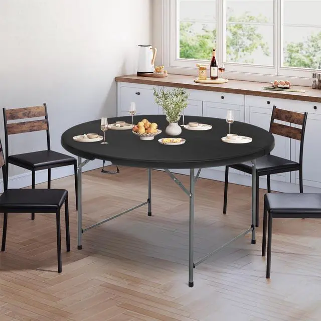 Alt view image 2 of 7 - Round Plastic Bi-Folding Table with Carrying Handle, Indoor Outdoor Portable Table for Patio Party Wedding Event Conference, Black, 48 Inch
