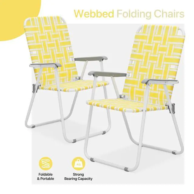 Alt view image 4 of 7 - Folding Webbed Chairs for Adults, Patio Portable Lawn Beach Chairs Set of 2 with Steel Frame, Outdoor Lounge Camping Chairs for Patio Yard Garden Backyard, 2-Pack, Yellow