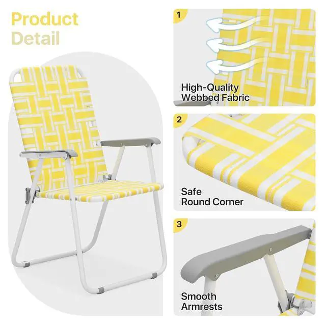 Alt view image 6 of 7 - Folding Webbed Chairs for Adults, Patio Portable Lawn Beach Chairs Set of 2 with Steel Frame, Outdoor Lounge Camping Chairs for Patio Yard Garden Backyard, 2-Pack, Yellow