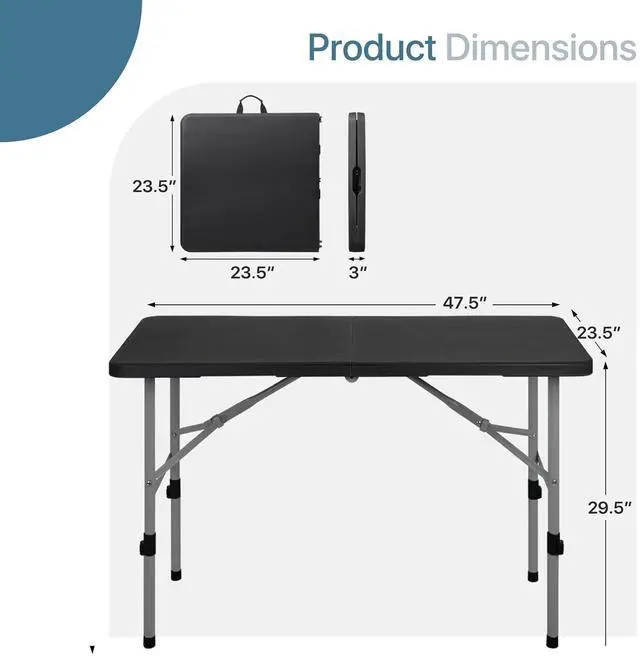 Alt view image 3 of 7 - Plastic Folding Camping Table, Indoor Outdoor Collapsible Rectangle Dining Table, Portable Fold-in-Half Utility Table w/Handle for Party Wedding, Black, 48 Inch