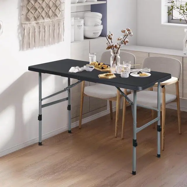 Alt view image 2 of 7 - Plastic Folding Camping Table, Indoor Outdoor Collapsible Rectangle Dining Table, Portable Fold-in-Half Utility Table w/Handle for Party Wedding, Black, 48 Inch