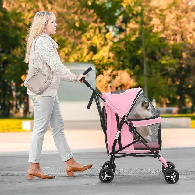 Alt view image 3 of 7 - 4 Wheels Pet Stroller, Lightweight Easy-Fold Puppy Jogger Stroller with Visible Mesh & Rear Storage for Small/Medium Dogs up to 22 lbs, Perfect for Walks, Shopping, Pink