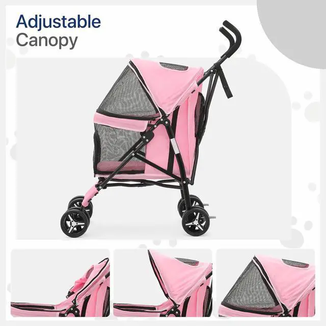Alt view image 4 of 7 - 4 Wheels Pet Stroller, Lightweight Easy-Fold Puppy Jogger Stroller with Visible Mesh & Rear Storage for Small/Medium Dogs up to 22 lbs, Perfect for Walks, Shopping, Pink