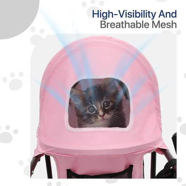 Alt view image 5 of 7 - 4 Wheels Pet Stroller, Lightweight Easy-Fold Puppy Jogger Stroller with Visible Mesh & Rear Storage for Small/Medium Dogs up to 22 lbs, Perfect for Walks, Shopping, Pink