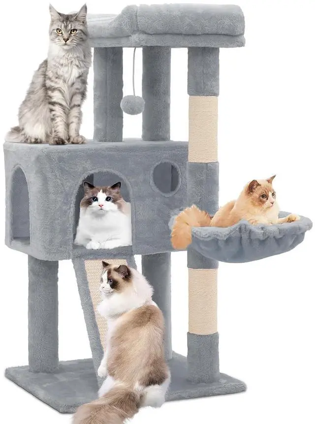 Main image of 36 Inch Cat Tower for Indoor Cats, Multi Level Cat Condo with Scratching Post, Ramp, Plush Perch, Cat Cave, Basket, Cat Activity Center w/Ball for Small Space, Light Gray