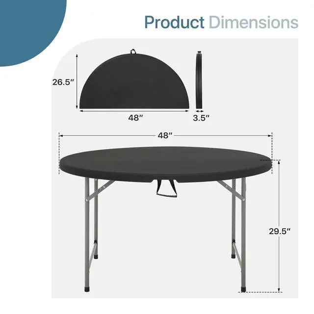 Alt view image 3 of 7 - Round Plastic Bi-Folding Table with Carrying Handle, Indoor Outdoor Portable Table for Patio Party Wedding Event Conference, Black, 48 Inch
