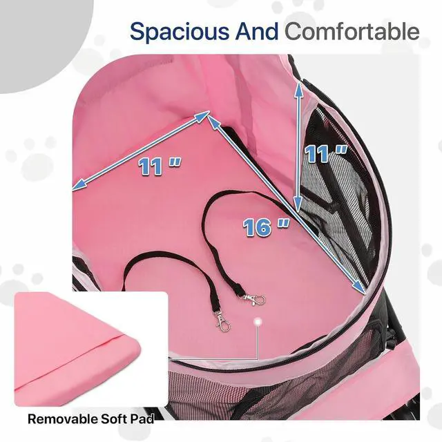 Alt view image 6 of 7 - 4 Wheels Pet Stroller, Lightweight Easy-Fold Puppy Jogger Stroller with Visible Mesh & Rear Storage for Small/Medium Dogs up to 22 lbs, Perfect for Walks, Shopping, Pink