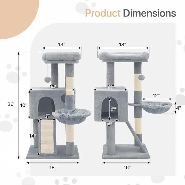 Alt view image 2 of 7 - 36 Inch Cat Tower for Indoor Cats, Multi Level Cat Condo with Scratching Post, Ramp, Plush Perch, Cat Cave, Basket, Cat Activity Center w/Ball for Small Space, Light Gray