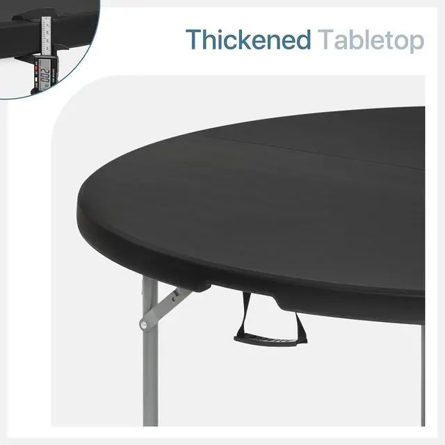 Alt view image 4 of 7 - Round Plastic Bi-Folding Table with Carrying Handle, Indoor Outdoor Portable Table for Patio Party Wedding Event Conference, Black, 48 Inch