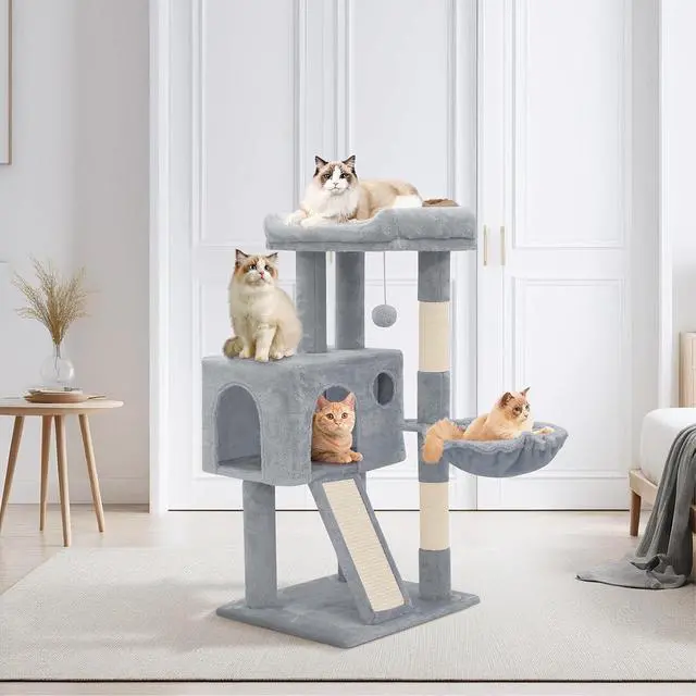 Alt view image 3 of 7 - 36 Inch Cat Tower for Indoor Cats, Multi Level Cat Condo with Scratching Post, Ramp, Plush Perch, Cat Cave, Basket, Cat Activity Center w/Ball for Small Space, Light Gray