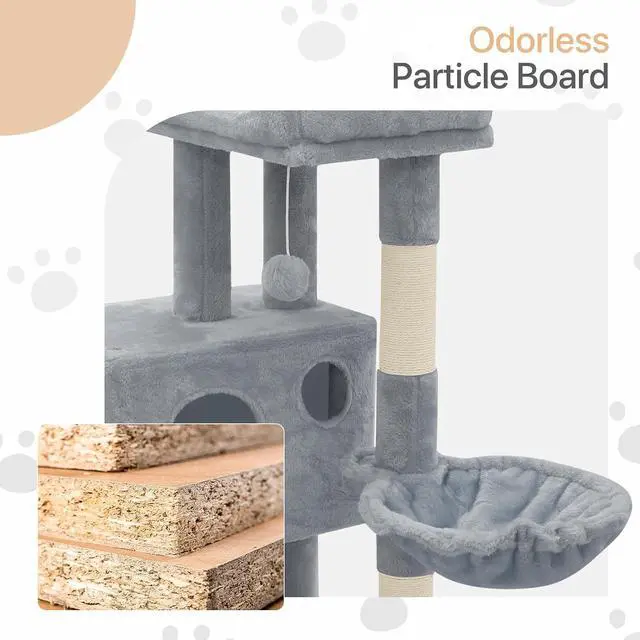 Alt view image 4 of 7 - 36 Inch Cat Tower for Indoor Cats, Multi Level Cat Condo with Scratching Post, Ramp, Plush Perch, Cat Cave, Basket, Cat Activity Center w/Ball for Small Space, Light Gray