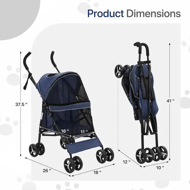 Alt view image 2 of 7 - 4 Wheels Pet Stroller, Lightweight Easy-Fold Puppy Jogger Stroller with Visible Mesh & Rear Storage for Small/Medium Dogs up to 22 lbs, Perfect for Walks, Shopping, Navy Blue
