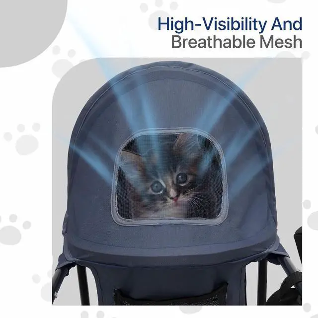 Alt view image 5 of 7 - 4 Wheels Pet Stroller, Lightweight Easy-Fold Puppy Jogger Stroller with Visible Mesh & Rear Storage for Small/Medium Dogs up to 22 lbs, Perfect for Walks, Shopping, Navy Blue