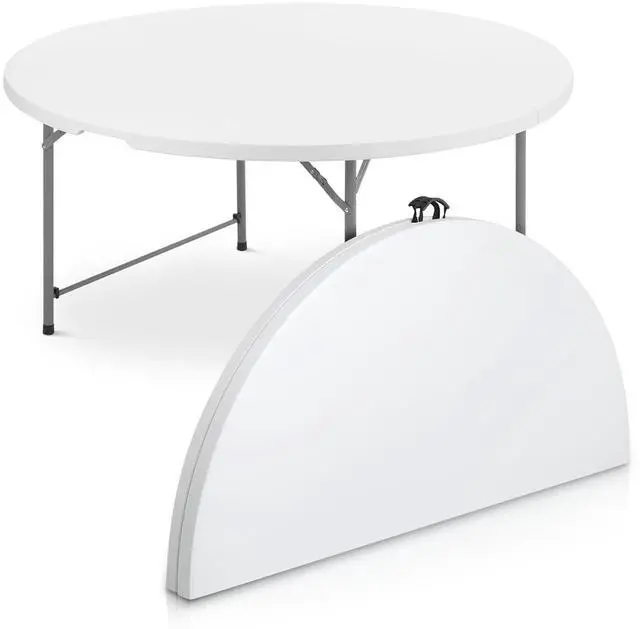Main image of Round Plastic Bi-Folding Table with Carrying Handle, Indoor Outdoor Portable Table for Patio Party Wedding Event Conference, White, 60 Inch