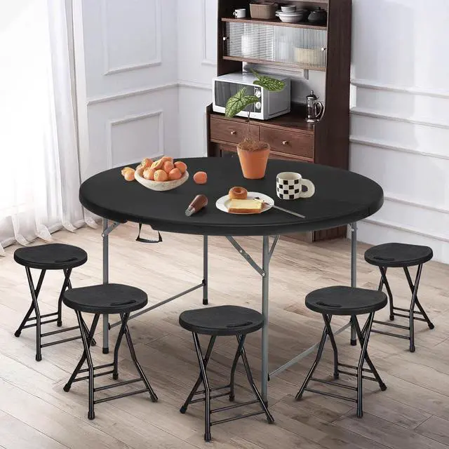 Alt view image 2 of 7 - Round Plastic Bi-Folding Table with Carrying Handle, Indoor Outdoor Portable Table for Patio Party Wedding Event Conference, Black, 53 Inch