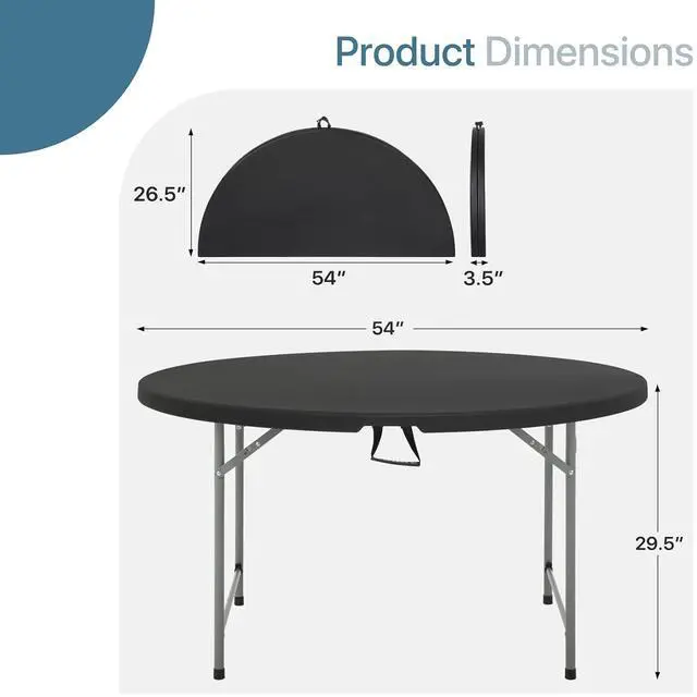 Alt view image 3 of 7 - Round Plastic Bi-Folding Table with Carrying Handle, Indoor Outdoor Portable Table for Patio Party Wedding Event Conference, Black, 53 Inch