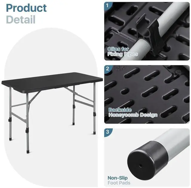 Alt view image 7 of 7 - Plastic Folding Camping Table, Indoor Outdoor Collapsible Rectangle Dining Table, Portable Fold-in-Half Utility Table w/Handle for Party Wedding, Black, 48 Inch