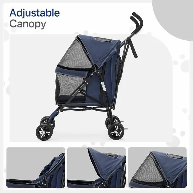 Alt view image 4 of 7 - 4 Wheels Pet Stroller, Lightweight Easy-Fold Puppy Jogger Stroller with Visible Mesh & Rear Storage for Small/Medium Dogs up to 22 lbs, Perfect for Walks, Shopping, Navy Blue