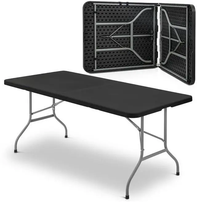 Main image of Plastic Folding Camping Table, Indoor Outdoor Collapsible Rectangle Dining Table, Portable Fold-in-Half Utility Table w/Handle for Party Wedding, Black, 72 Inch