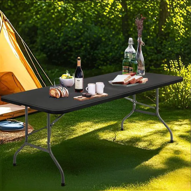 Alt view image 2 of 7 - Plastic Folding Camping Table, Indoor Outdoor Collapsible Rectangle Dining Table, Portable Fold-in-Half Utility Table w/Handle for Party Wedding, Black, 72 Inch