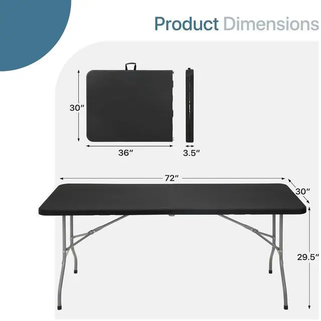 Alt view image 3 of 7 - Plastic Folding Camping Table, Indoor Outdoor Collapsible Rectangle Dining Table, Portable Fold-in-Half Utility Table w/Handle for Party Wedding, Black, 72 Inch