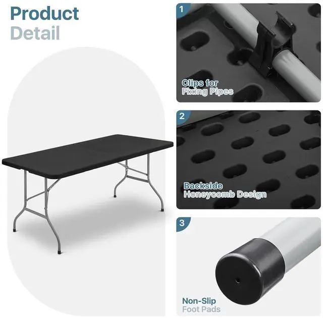 Alt view image 7 of 7 - Plastic Folding Camping Table, Indoor Outdoor Collapsible Rectangle Dining Table, Portable Fold-in-Half Utility Table w/Handle for Party Wedding, Black, 72 Inch