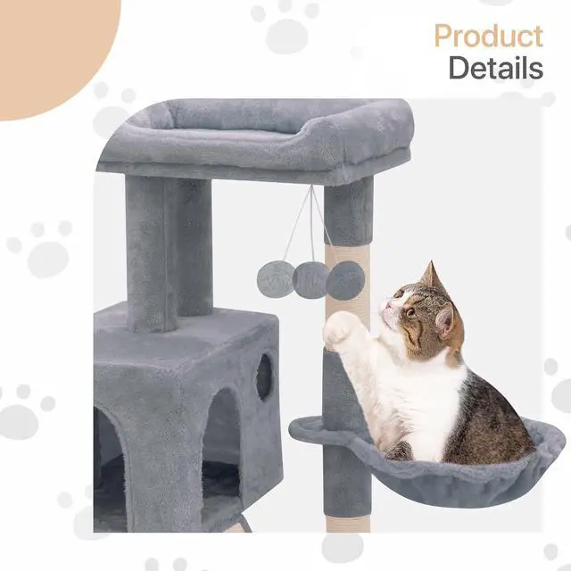 Alt view image 6 of 7 - 36 Inch Cat Tower for Indoor Cats, Multi Level Cat Condo with Scratching Post, Ramp, Plush Perch, Cat Cave, Basket, Cat Activity Center w/Ball for Small Space, Light Gray