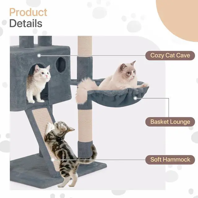Alt view image 7 of 7 - 36 Inch Cat Tower for Indoor Cats, Multi Level Cat Condo with Scratching Post, Ramp, Plush Perch, Cat Cave, Basket, Cat Activity Center w/Ball for Small Space, Light Gray