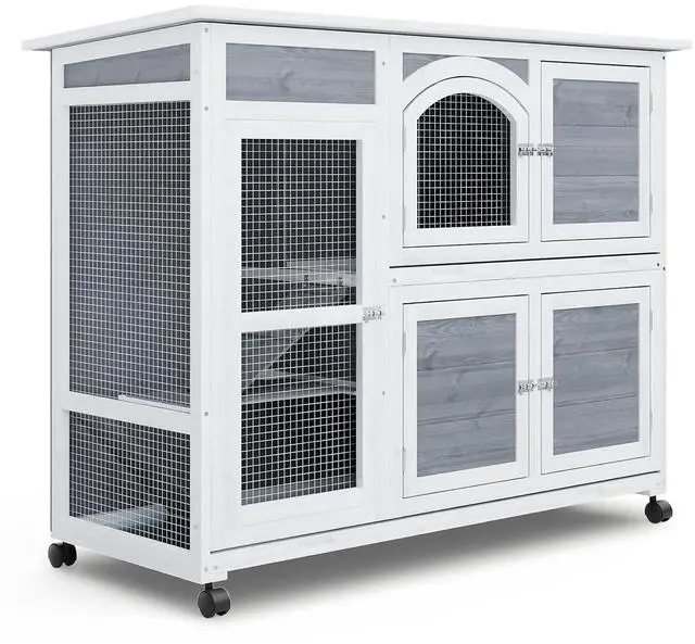 Main image of Rabbit Hutch Outdoor Chicken Coop, 47.5" Bunny House Cage on Wheels with 2 Pull-Out Trays Waterproof Roof, Gray
