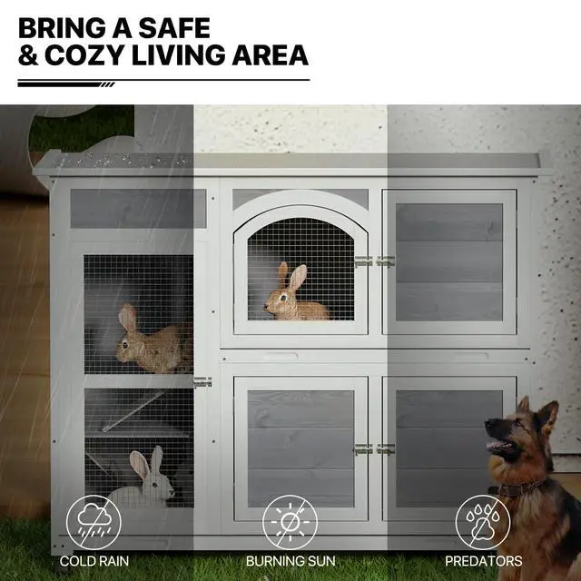 Alt view image 4 of 7 - Rabbit Hutch Outdoor Chicken Coop, 47.5" Bunny House Cage on Wheels with 2 Pull-Out Trays Waterproof Roof, Gray