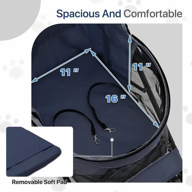 Alt view image 6 of 7 - 4 Wheels Pet Stroller, Lightweight Easy-Fold Puppy Jogger Stroller with Visible Mesh & Rear Storage for Small/Medium Dogs up to 22 lbs, Perfect for Walks, Shopping, Navy Blue