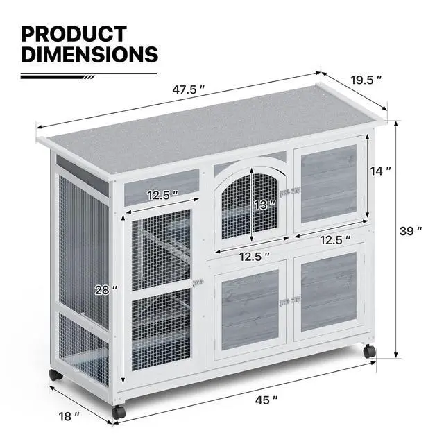 Alt view image 2 of 7 - Rabbit Hutch Outdoor Chicken Coop, 47.5" Bunny House Cage on Wheels with 2 Pull-Out Trays Waterproof Roof, Gray