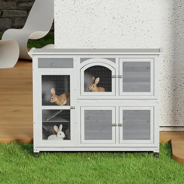 Alt view image 3 of 7 - Rabbit Hutch Outdoor Chicken Coop, 47.5" Bunny House Cage on Wheels with 2 Pull-Out Trays Waterproof Roof, Gray