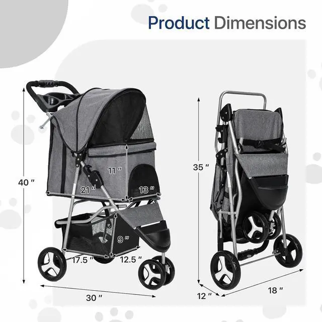 Alt view image 2 of 7 - Dog Stroller for Dogs and Cats, Foldable Pet Jogger Stroller with Cup Holders, Cat Stroller w/Bottom Storage for Pets up to 33 lbs, Gray