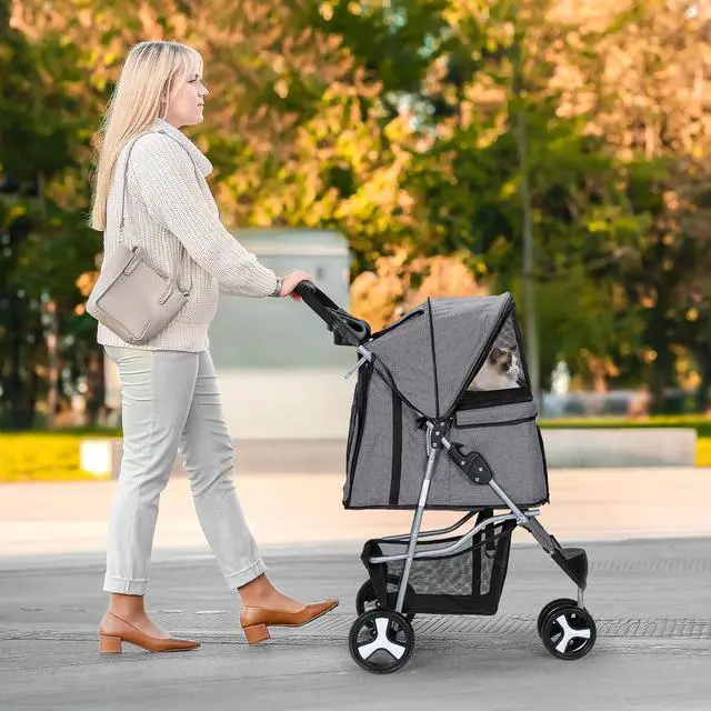 Alt view image 3 of 7 - Dog Stroller for Dogs and Cats, Foldable Pet Jogger Stroller with Cup Holders, Cat Stroller w/Bottom Storage for Pets up to 33 lbs, Gray