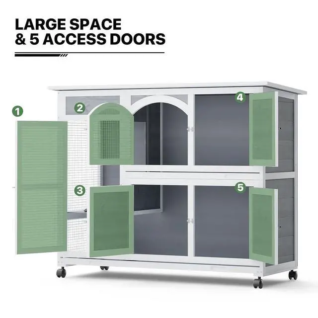 Alt view image 5 of 7 - Rabbit Hutch Outdoor Chicken Coop, 47.5" Bunny House Cage on Wheels with 2 Pull-Out Trays Waterproof Roof, Gray