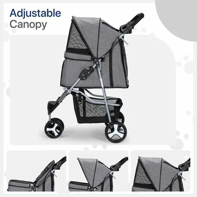 Alt view image 4 of 7 - Dog Stroller for Dogs and Cats, Foldable Pet Jogger Stroller with Cup Holders, Cat Stroller w/Bottom Storage for Pets up to 33 lbs, Gray
