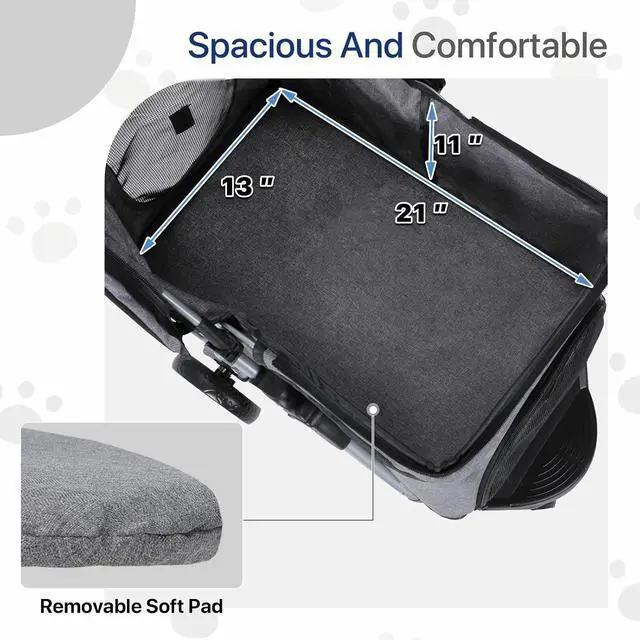 Alt view image 6 of 7 - Dog Stroller for Dogs and Cats, Foldable Pet Jogger Stroller with Cup Holders, Cat Stroller w/Bottom Storage for Pets up to 33 lbs, Gray