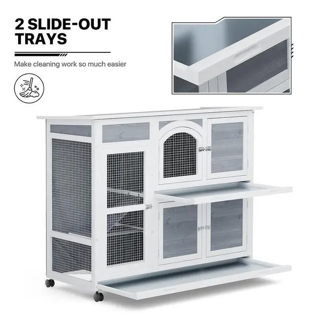 Alt view image 7 of 7 - Rabbit Hutch Outdoor Chicken Coop, 47.5" Bunny House Cage on Wheels with 2 Pull-Out Trays Waterproof Roof, Gray