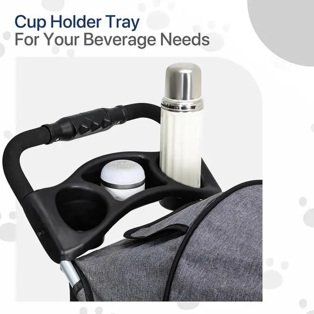 Alt view image 7 of 7 - Dog Stroller for Dogs and Cats, Foldable Pet Jogger Stroller with Cup Holders, Cat Stroller w/Bottom Storage for Pets up to 33 lbs, Gray