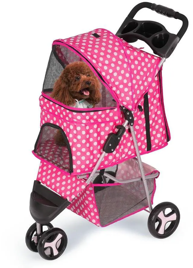 Main image of Dog Stroller for Dogs and Cats, Foldable Pet Jogger Stroller with Cup Holders, Cat Stroller w/Bottom Storage for Pets up to 33 lbs, Polka Dots