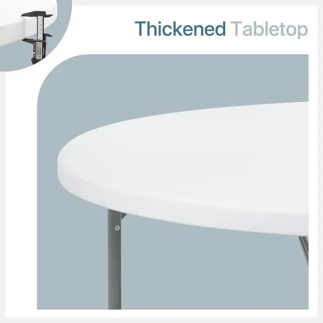 Alt view image 4 of 7 - Round Plastic Bi-Folding Table with Carrying Handle, Indoor Outdoor Portable Table for Patio Party Wedding Event Conference, White, 60 Inch