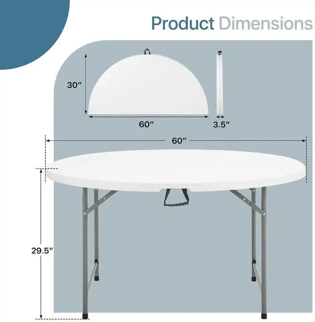Alt view image 3 of 7 - Round Plastic Bi-Folding Table with Carrying Handle, Indoor Outdoor Portable Table for Patio Party Wedding Event Conference, White, 60 Inch