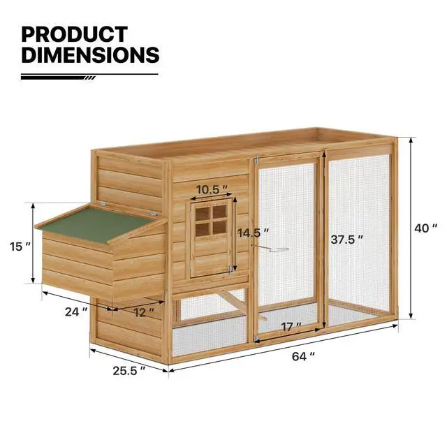 Alt view image 2 of 7 - 2-Layer Chicken Coop with Run and Nesting Box, Ventilation Wire Fence Wood Chicken House Duck Hutch Bunny Cage with Removable Tray Ramp and Waterproof Asphalt Roof 64 x 25.5 x 40 inch