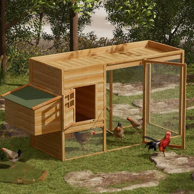 Alt view image 3 of 7 - 2-Layer Chicken Coop with Run and Nesting Box, Ventilation Wire Fence Wood Chicken House Duck Hutch Bunny Cage with Removable Tray Ramp and Waterproof Asphalt Roof 64 x 25.5 x 40 inch