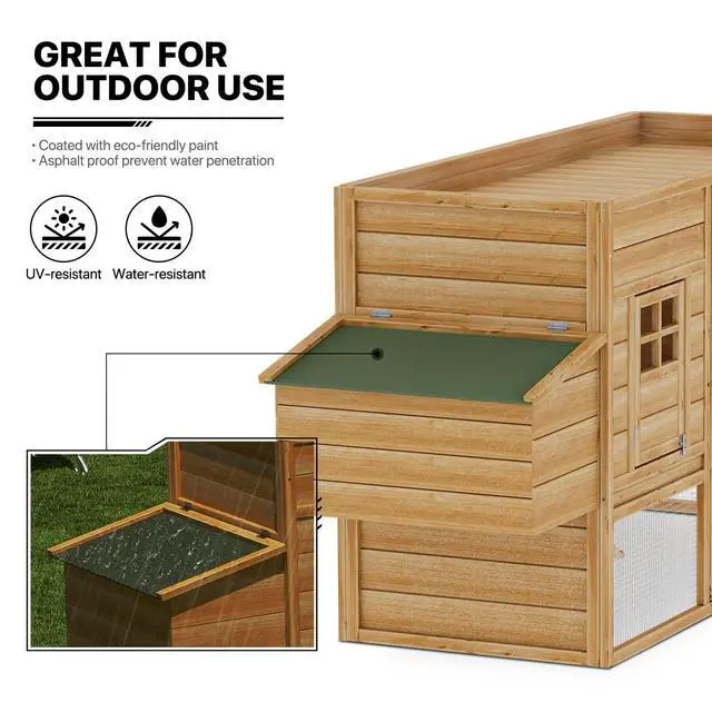 Alt view image 6 of 7 - 2-Layer Chicken Coop with Run and Nesting Box, Ventilation Wire Fence Wood Chicken House Duck Hutch Bunny Cage with Removable Tray Ramp and Waterproof Asphalt Roof 64 x 25.5 x 40 inch